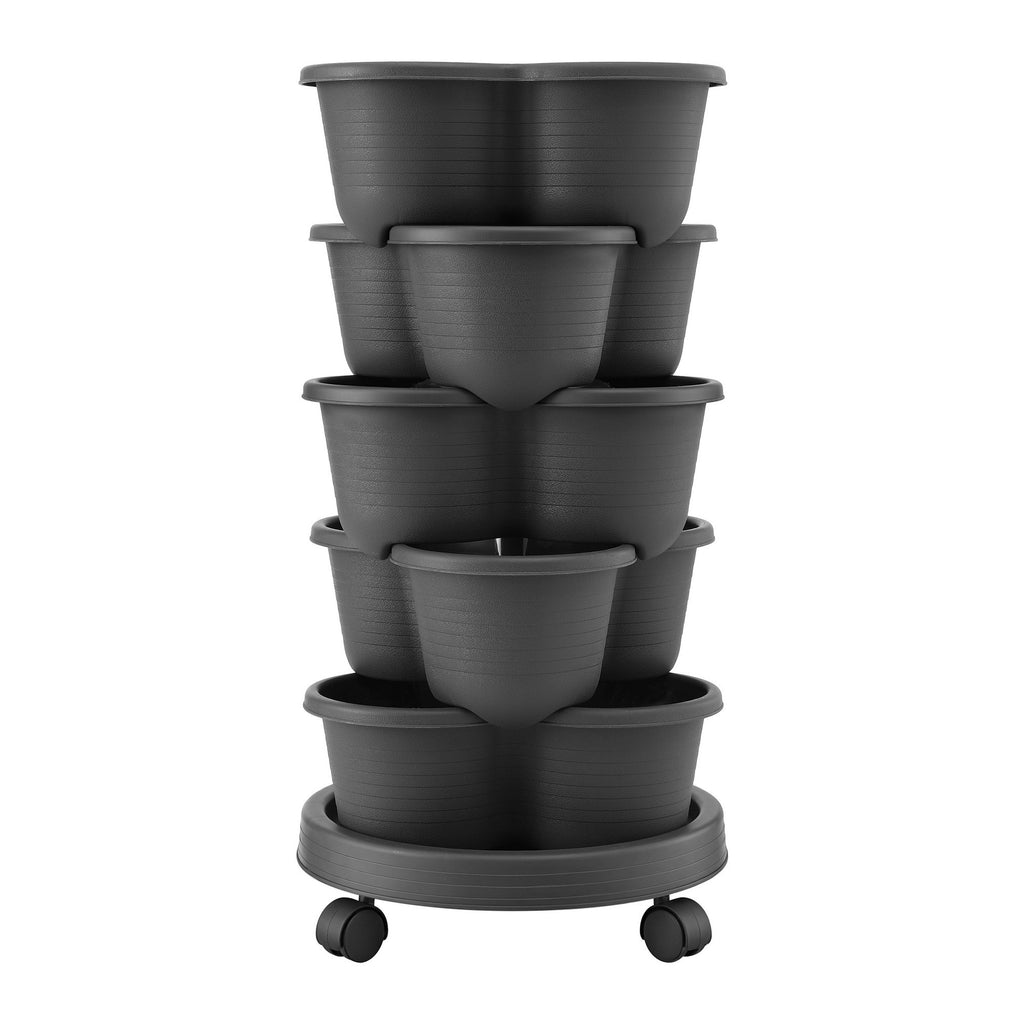 Green Fingers 5 Tier Vertical Garden Planter, Stackable Planters with 4 Wheels, Black, Raised Garden Bed, Garden Tower Indoor Outdoor, Auto Drainage System, for Strawberries, Herbs, Flower, Vegetables