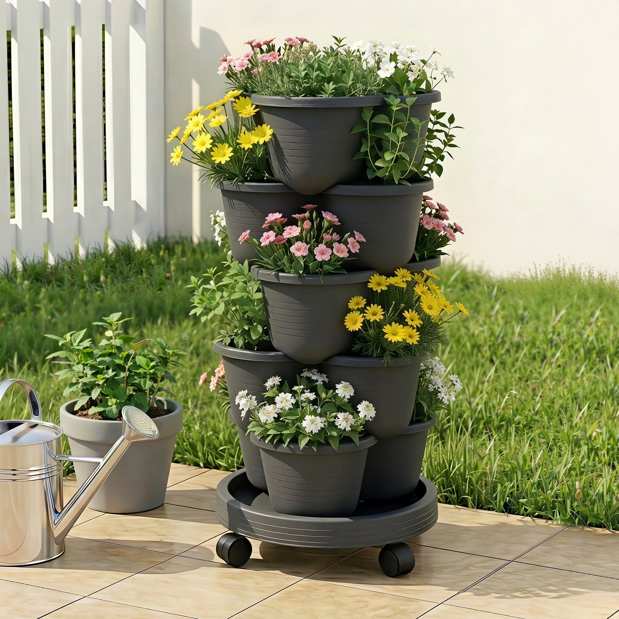 Green Fingers 5 Tier Vertical Garden Planter, Stackable Planters with 4 Wheels, Black, Raised Garden Bed, Garden Tower Indoor Outdoor, Auto Drainage System, for Strawberries, Herbs, Flower, Vegetables