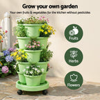 Green Fingers 5 Tier Vertical Garden Planter, Stackable Planters with Wheels, Light Green, Garden Bed, Garden Tower Indoor Outdoor, Auto Drainage System, for Strawberries, Herbs, Flowers, Vegetables