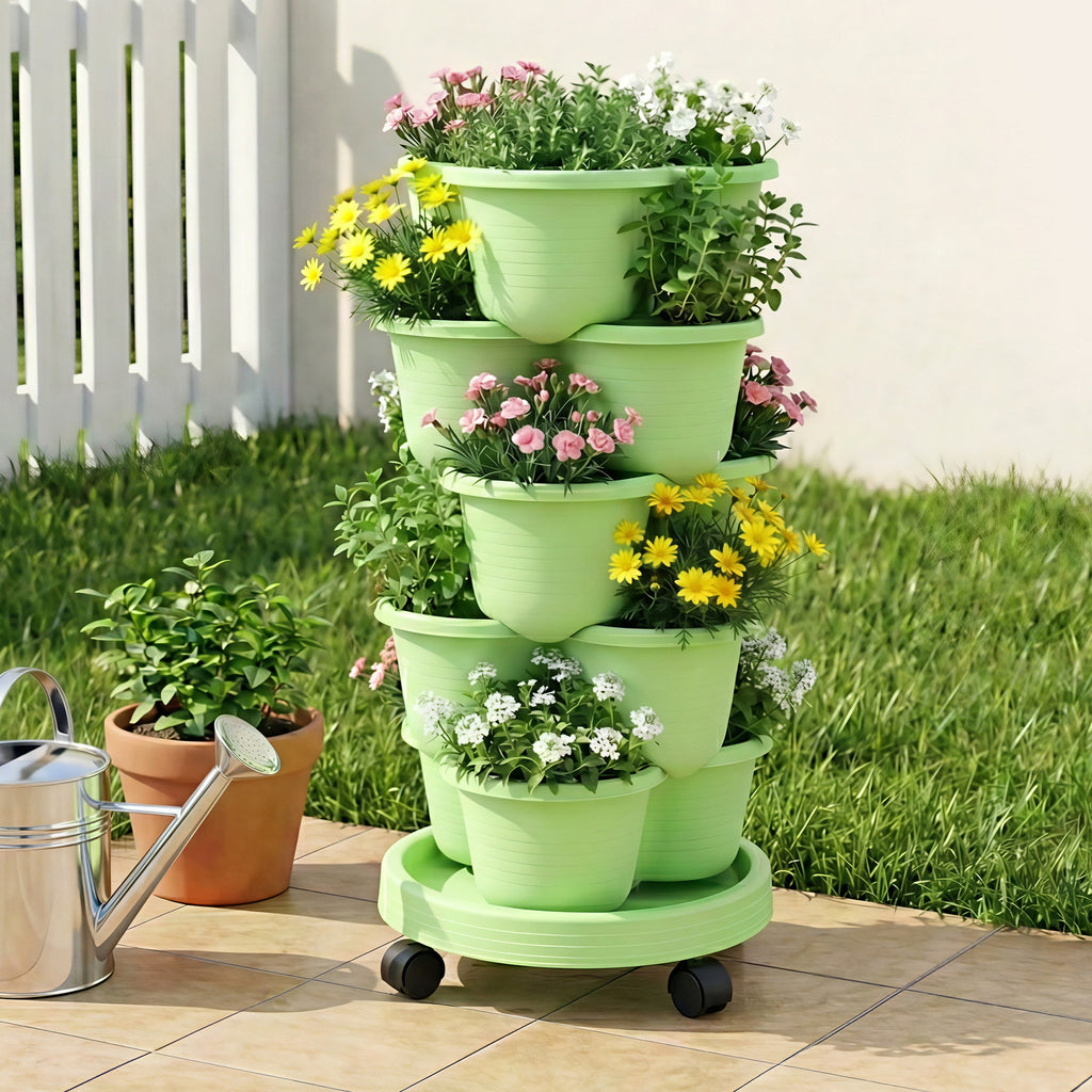 Green Fingers 5 Tier Vertical Garden Planter, Stackable Planters with Wheels, Light Green, Garden Bed, Garden Tower Indoor Outdoor, Auto Drainage System, for Strawberries, Herbs, Flowers, Vegetables