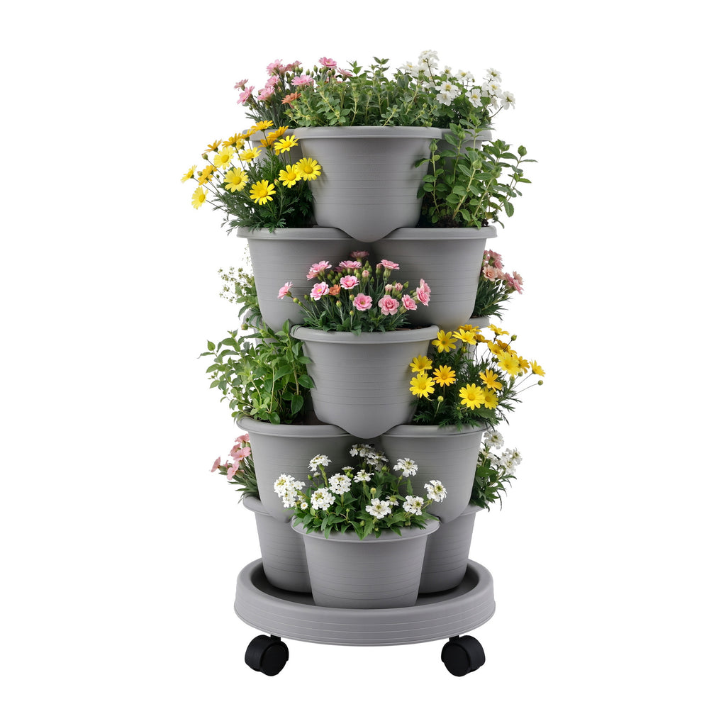 Green Fingers 5 Tier Vertical Garden Planter, Stackable Planters with 4 Wheels, Grey, Raised Garden Bed, Garden Tower Indoor Outdoor, Auto Drainage System, for Strawberries, Herbs, Flower, Vegetables
