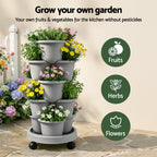 Green Fingers 5 Tier Vertical Garden Planter, Stackable Planters with 4 Wheels, Grey, Raised Garden Bed, Garden Tower Indoor Outdoor, Auto Drainage System, for Strawberries, Herbs, Flower, Vegetables