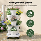 Green Fingers 5 Tier Vertical Garden Planter, Stackable Planters with Wheels, White, Garden Bed, Garden Tower Indoor Outdoor, Auto Drainage System, for Strawberries, Herbs, Flowers, Vegetables