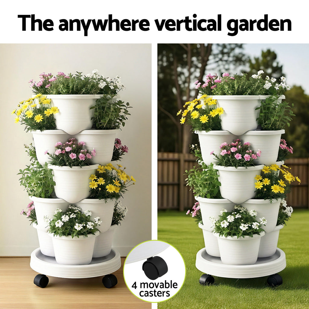 Green Fingers 5 Tier Vertical Garden Planter, Stackable Planters with Wheels, White, Garden Bed, Garden Tower Indoor Outdoor, Auto Drainage System, for Strawberries, Herbs, Flowers, Vegetables