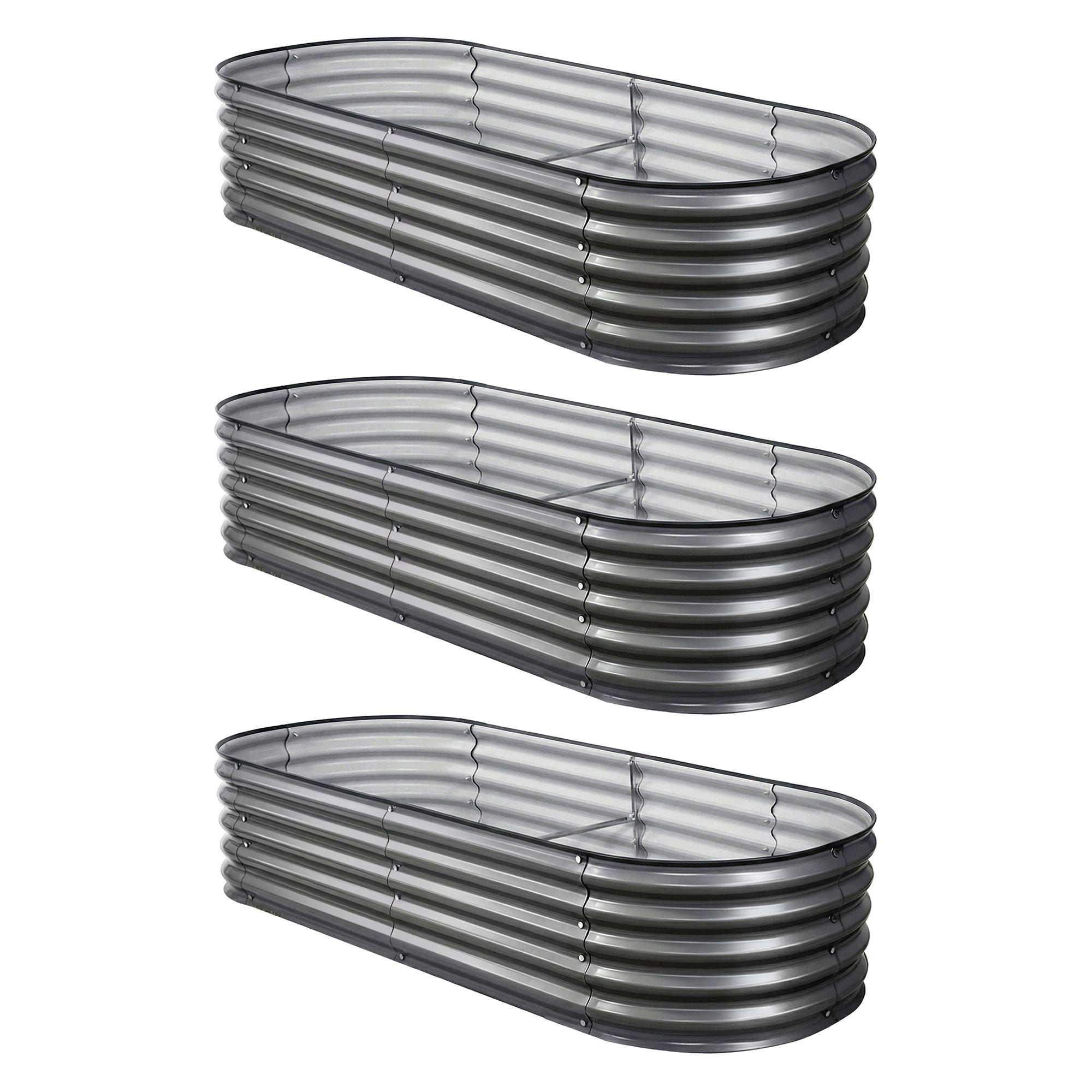 Green Fingers 3 Pcs Raised Garden Bed Kit Oval Galvanized Steel Planter Boxes 160x80x42cm, Heavy Duty Metal Elevated Garden Bed for Vegetables Flowers Herbs, with Safety Edging, Gloves & Pegs Included
