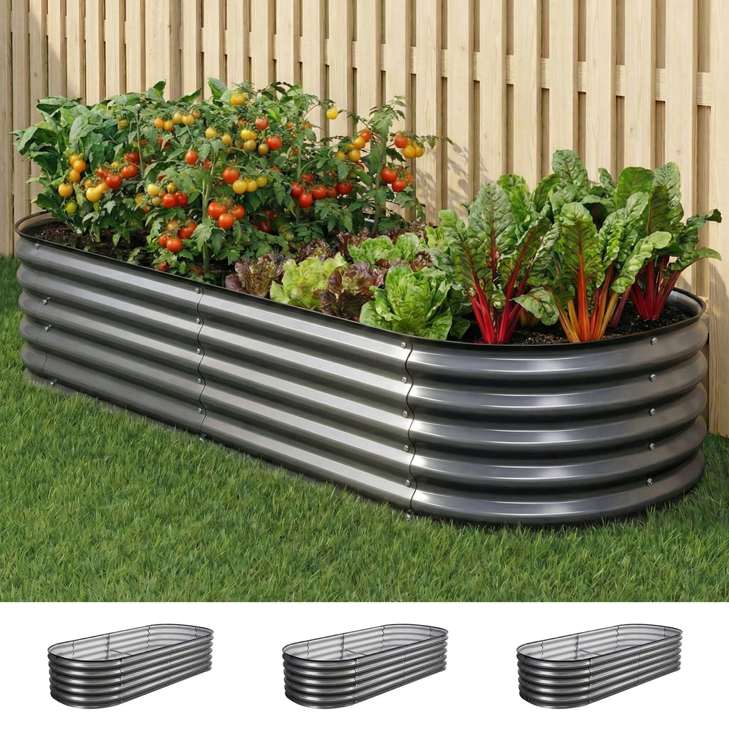 Green Fingers 3 Pcs Raised Garden Bed Kit Oval Galvanized Steel Planter Boxes 160x80x42cm, Heavy Duty Metal Elevated Garden Bed for Vegetables Flowers Herbs, with Safety Edging, Gloves & Pegs Included