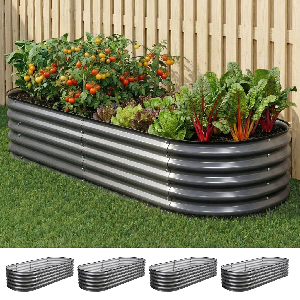 Green Fingers 4 Pcs Raised Garden Bed Kit Oval Galvanized Steel Planter Boxes 160x80x42cm, Heavy Duty Metal Elevated Garden Bed for Vegetables Flowers Herbs, with Safety Edging, Gloves & Pegs Included