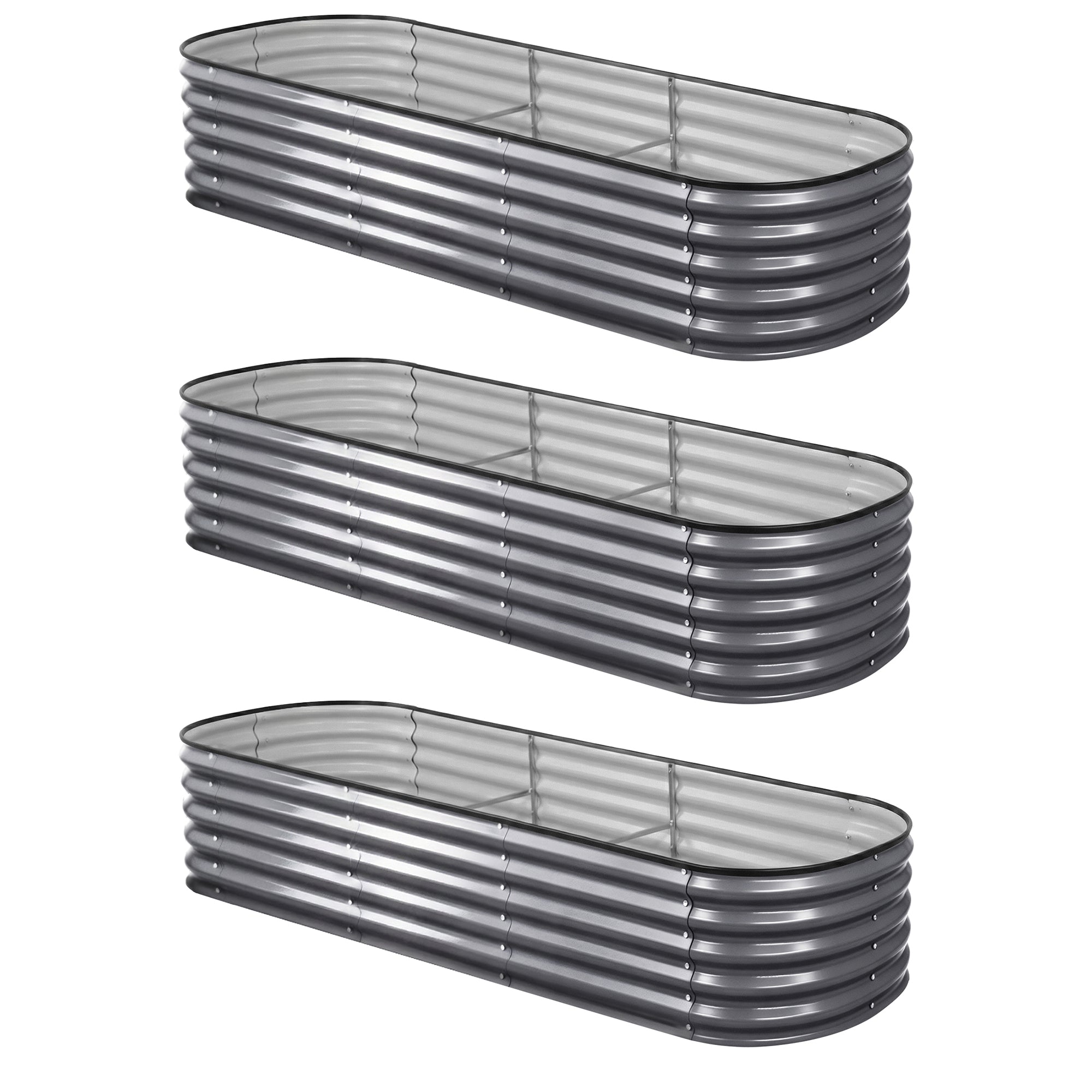 Green Fingers 3 Pcs Raised Garden Bed Kit Oval Galvanized Steel Planter Boxes 240x80x42cm, Heavy Duty Metal Elevated Garden Bed for Vegetables Flowers Herbs, with Safety Edging, Gloves & Pegs Included