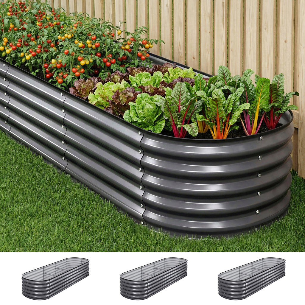 Green Fingers 3 Pcs Raised Garden Bed Kit Oval Galvanized Steel Planter Boxes 240x80x42cm, Heavy Duty Metal Elevated Garden Bed for Vegetables Flowers Herbs, with Safety Edging, Gloves & Pegs Included