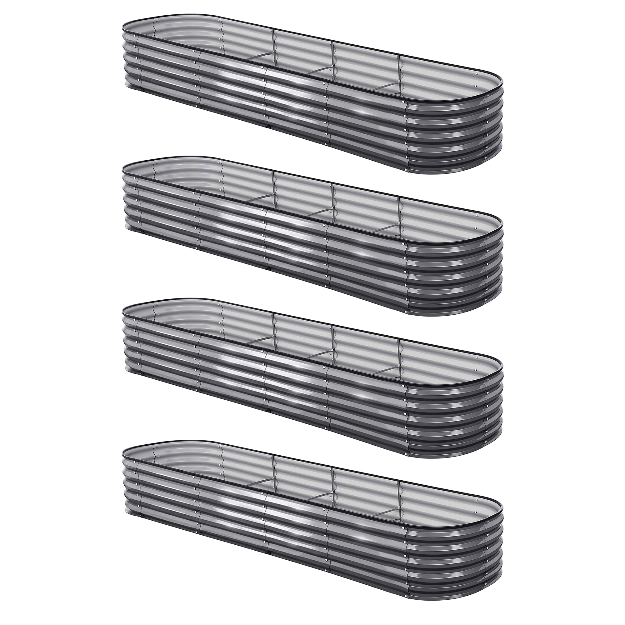 Green Fingers 4 Pcs Raised Garden Bed Kit Oval Galvanized Steel Planter Boxes 320x80x42cm, Heavy Duty Metal Elevated Garden Bed for Vegetables Flowers Herbs, with Safety Edging, Gloves & Pegs Included