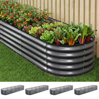 Green Fingers 4 Pcs Raised Garden Bed Kit Oval Galvanized Steel Planter Boxes 320x80x42cm, Heavy Duty Metal Elevated Garden Bed for Vegetables Flowers Herbs, with Safety Edging, Gloves & Pegs Included