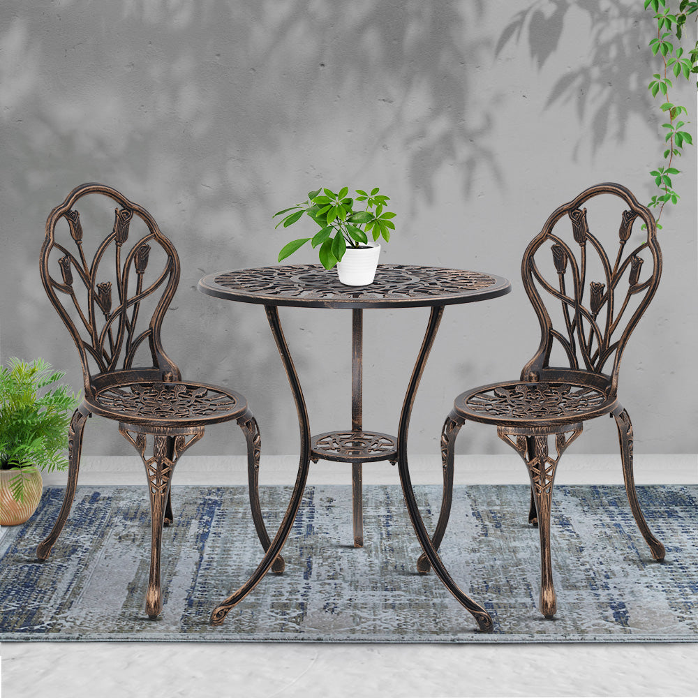 Gardeon 3PC Outdoor Setting Bistro Set Chairs Table Cast Aluminum Patio Furniture Tulip Bronze