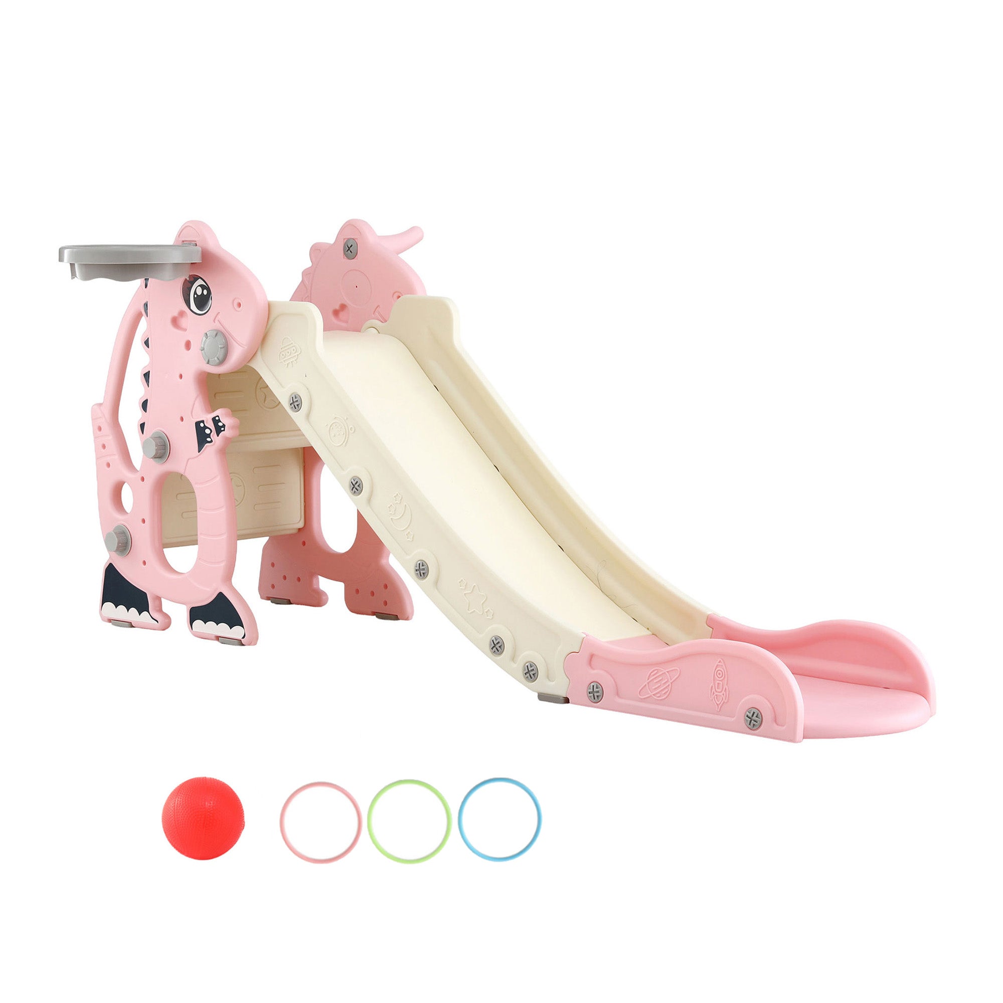 Keezi Kids Slide Set Basketball Hoop Outdoor Playground Toy Dragon 125cm Slide Pink