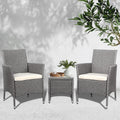 Gardeon 3PC Outdoor Bistro Set Patio Furniture Wicker Setting Chairs Table Cushion Grey
