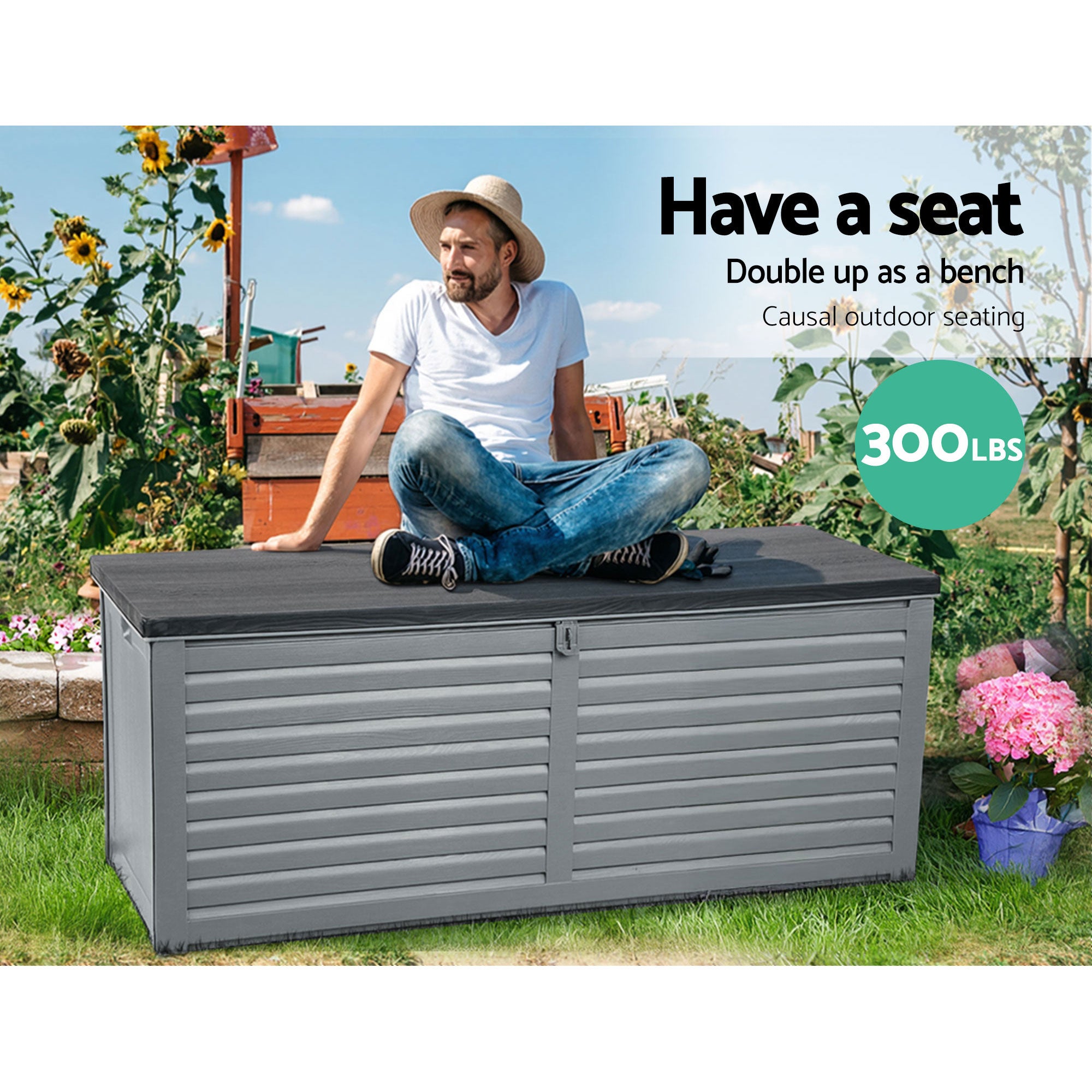 Gardeon Outdoor Storage Box 390L Container Lockable Garden Bench Tools Toy Shed Black