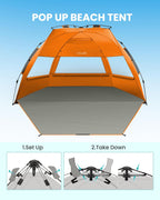 OutdoorMaster Pop Up 3-4 Person Beach Tent X-Large - Easy Setup, Portable Beach Shade Canopy Folding Sun Shelter with UPF 50+ UV Protection Removable Skylight Family Size (Orange)
