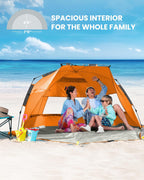 OutdoorMaster Pop Up 3-4 Person Beach Tent X-Large - Easy Setup, Portable Beach Shade Canopy Folding Sun Shelter with UPF 50+ UV Protection Removable Skylight Family Size (Orange)