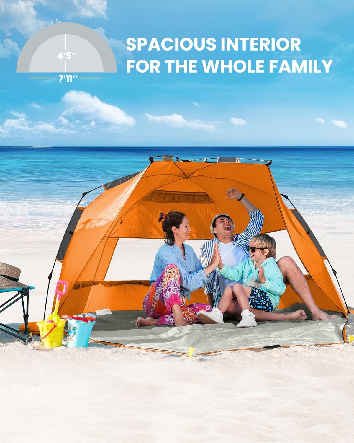 OutdoorMaster Pop Up 3-4 Person Beach Tent X-Large - Easy Setup, Portable Beach Shade Canopy Folding Sun Shelter with UPF 50+ UV Protection Removable Skylight Family Size (Orange)