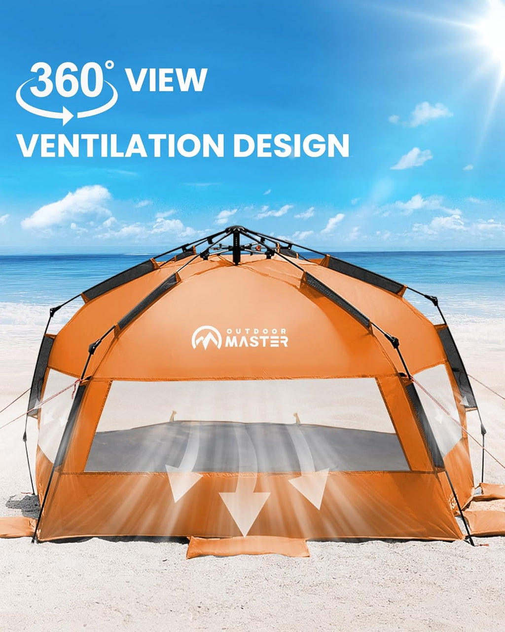OutdoorMaster Pop Up 3-4 Person Beach Tent X-Large - Easy Setup, Portable Beach Shade Canopy Folding Sun Shelter with UPF 50+ UV Protection Removable Skylight Family Size (Orange)