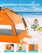 OutdoorMaster Pop Up 3-4 Person Beach Tent X-Large - Easy Setup, Portable Beach Shade Canopy Folding Sun Shelter with UPF 50+ UV Protection Removable Skylight Family Size (Orange)