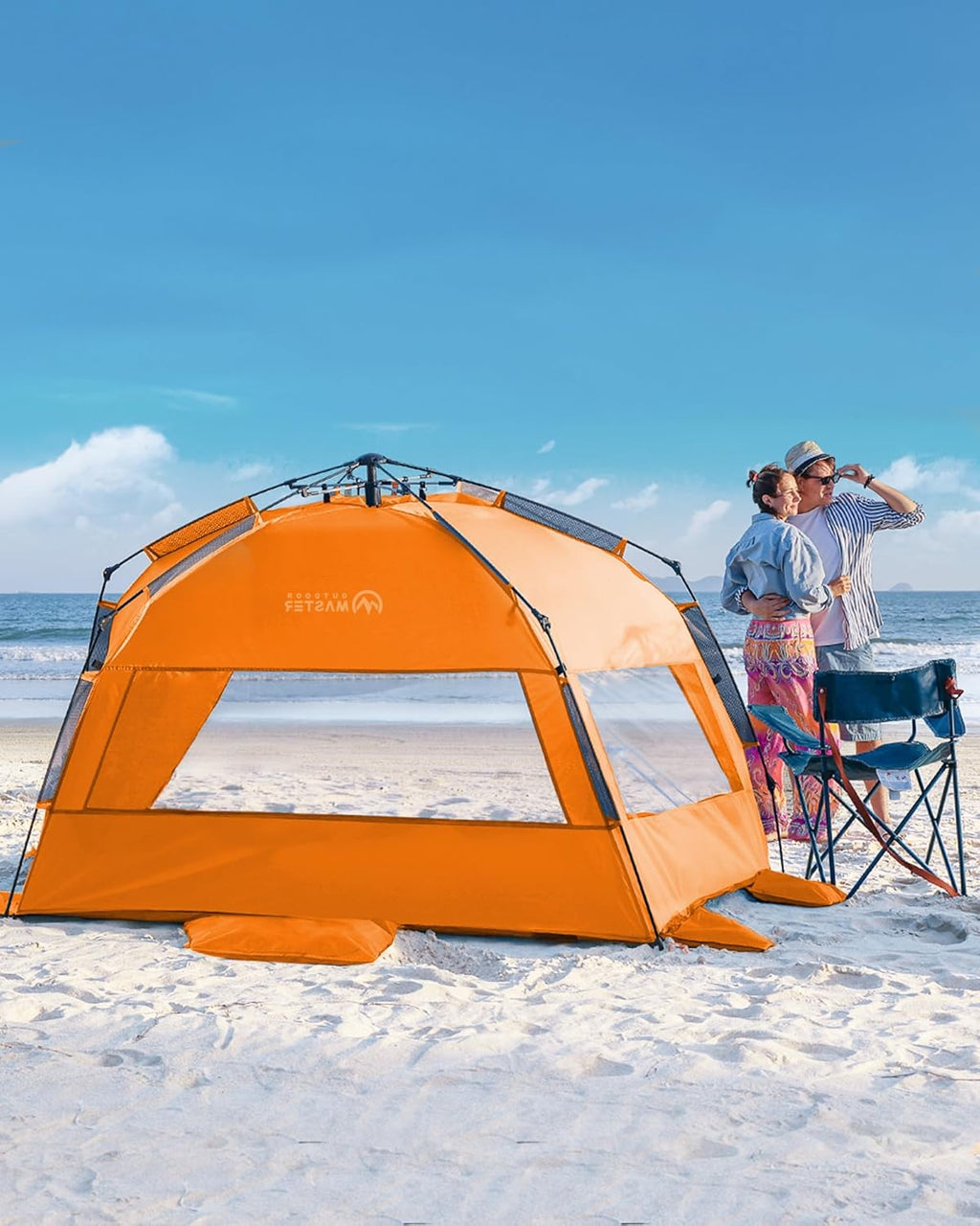 OutdoorMaster Pop Up 3-4 Person Beach Tent X-Large - Easy Setup, Portable Beach Shade Canopy Folding Sun Shelter with UPF 50+ UV Protection Removable Skylight Family Size (Orange)