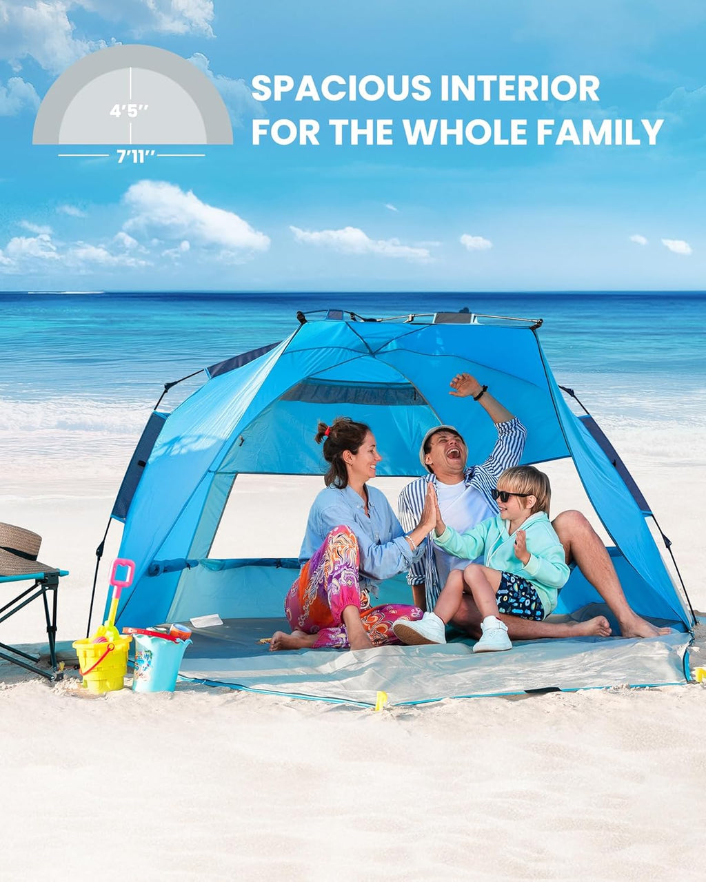 OutdoorMaster Pop Up 3-4 Person Beach Tent X-Large - Easy Setup, Portable Beach Shade Canopy Folding Sun Shelter with UPF 50+ UV Protection Removable Skylight Family Size (Blue)