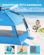 OutdoorMaster Pop Up 3-4 Person Beach Tent X-Large - Easy Setup, Portable Beach Shade Canopy Folding Sun Shelter with UPF 50+ UV Protection Removable Skylight Family Size (Blue)
