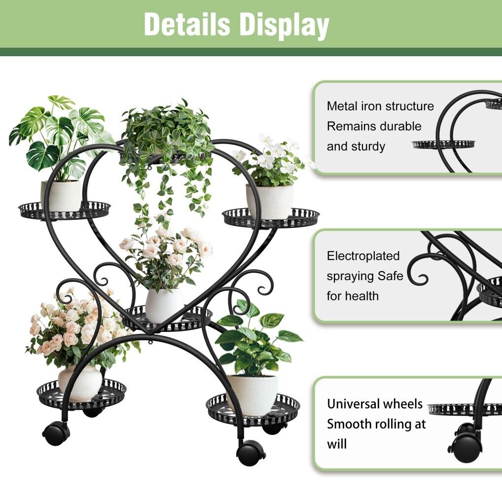 Rolling Metal Plant Stand Indoor Outdoor Garden Display Shelf