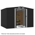 PLANTCRAFT Galvanised Steel Garden Shed 2.58 x 2.07 x 2.02m, with 2 Sliding Doors, 4 Air Vents, Gable Roof, Floor Frame, Black