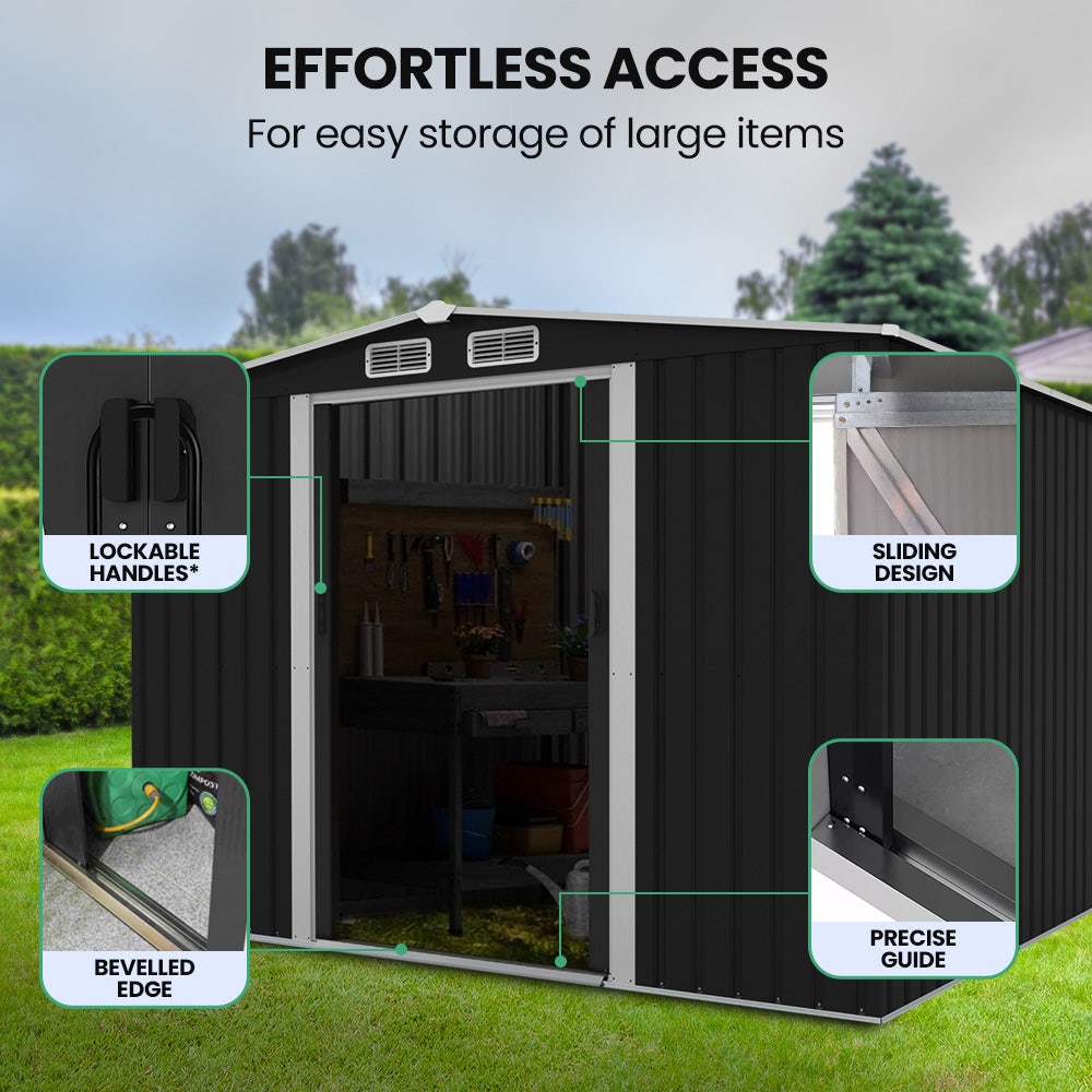 PLANTCRAFT Galvanised Steel Garden Shed 2.58 x 2.07 x 2.02m, with 2 Sliding Doors, 4 Air Vents, Gable Roof, Floor Frame, Black