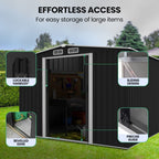 PLANTCRAFT Galvanised Steel Garden Shed 2.58 x 2.07 x 2.02m, with 2 Sliding Doors, 4 Air Vents, Gable Roof, Floor Frame, Black