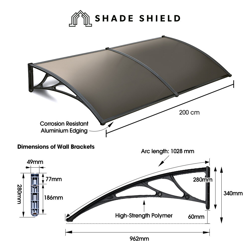 SHADE SHIELD 2x1m Aluminium Exterior Awning, Black DIY External UV Rain Protection Grey Tinted Polycarbonate Canopy Cover