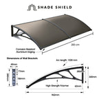 SHADE SHIELD 2x1m Aluminium Exterior Awning, Black DIY External UV Rain Protection Grey Tinted Polycarbonate Canopy Cover
