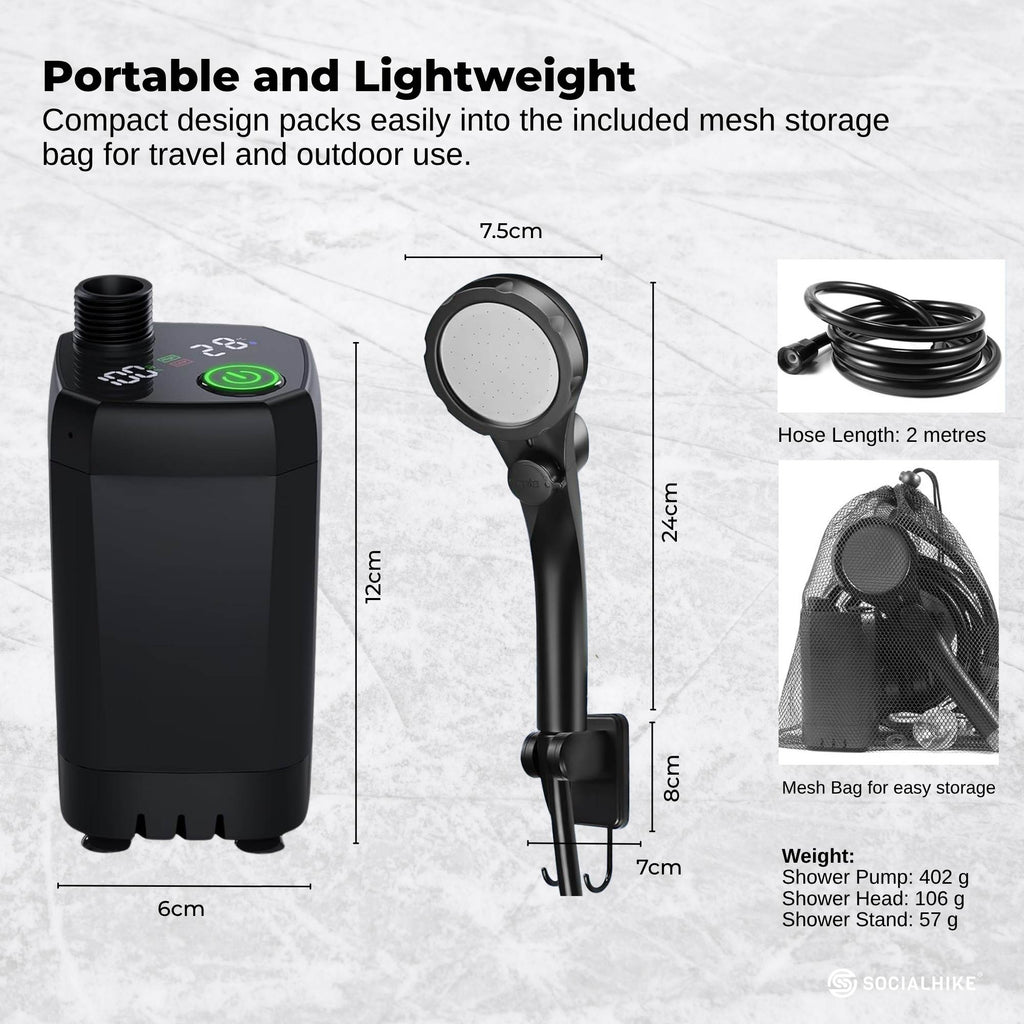 Social Hike Portable Camping Shower Kit - 6000MAh Outdoor Rechargeable Pump LED