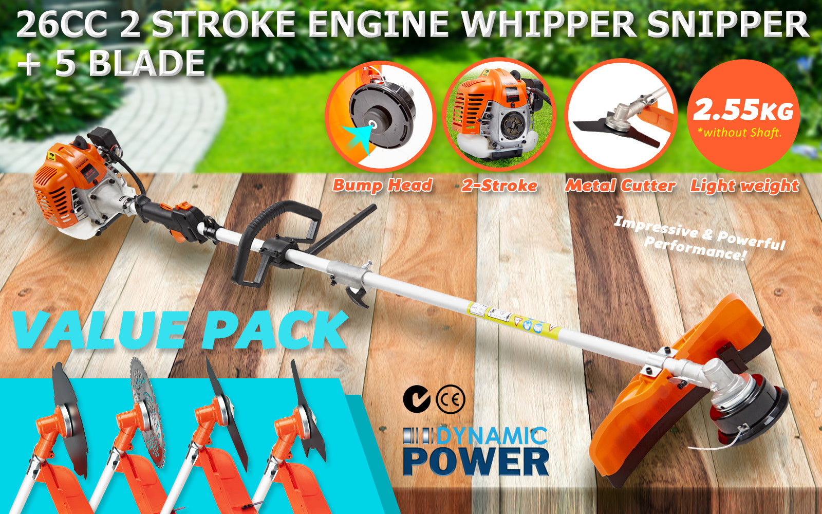 Dynamic Power 26cc Petrol Whipper Snipper Brush Cutter + 4 Blade