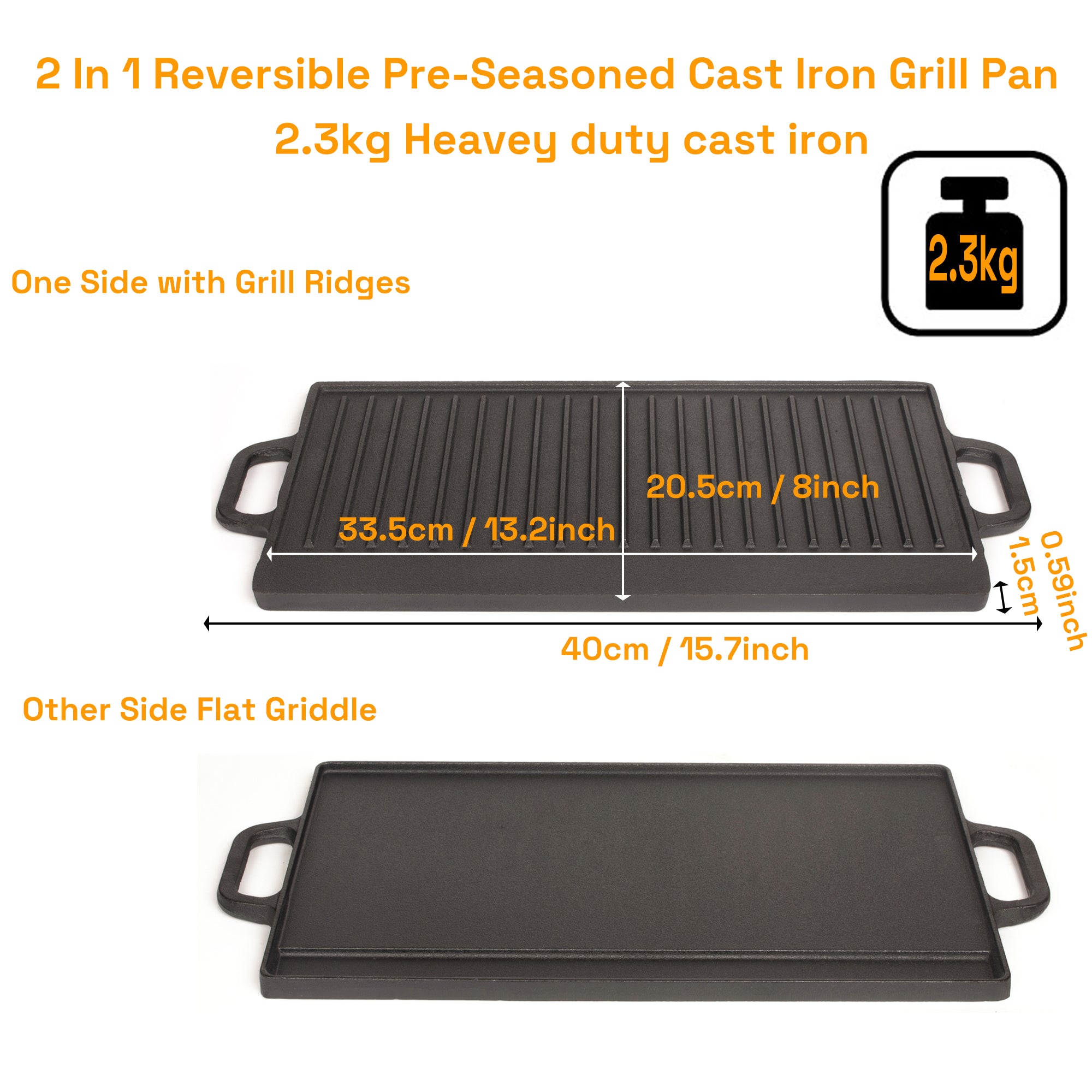 40 cm Reversible Cast Iron Grill & Griddle -Dual-Sided (Flat & Ribbed), Pre-Seasoned, Handles, for Stove-Top & Outdoor Use