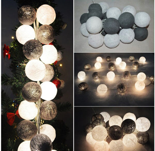 1 Set of 20 LED Black White 5cm Cotton Ball Battery Powered String Lights Xmas Gift Home Wedding Party Bedroom Decoration Outdoor Indoor