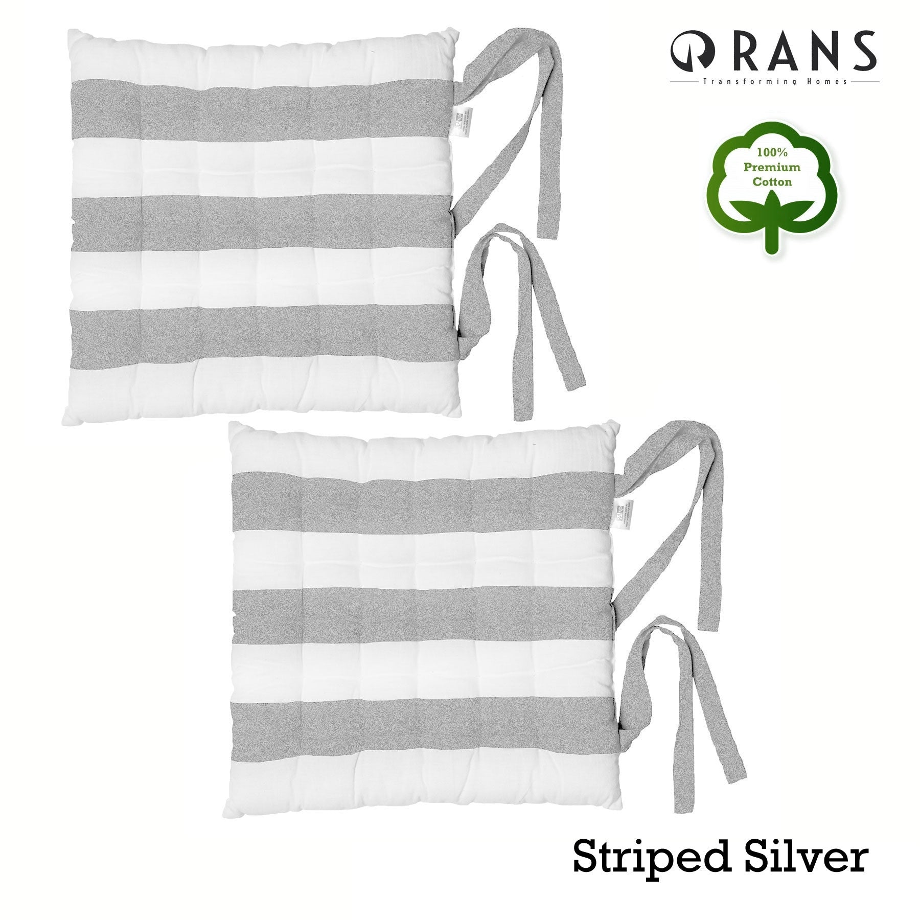 Rans Set of 2 Alfresco Cotton Chair Pads 40x40 cm - Striped Silver