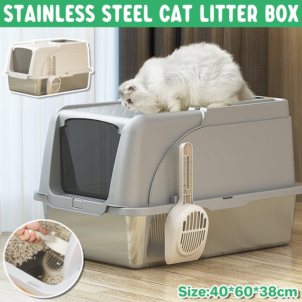 Durable Stainless Steel Cat Litter Box Pan Pet Toilet Odor Control Tray Large - Grey