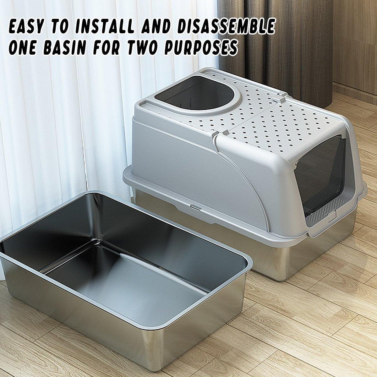 Durable Stainless Steel Cat Litter Box Pan Pet Toilet Odor Control Tray Large - Grey