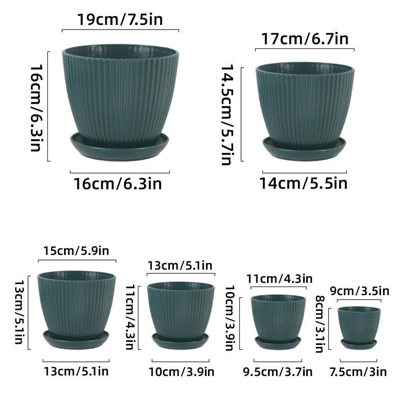 6PCS Simple Plastic Round Plant Pots Vertical Stripes Flower Pot Green Gardening - White