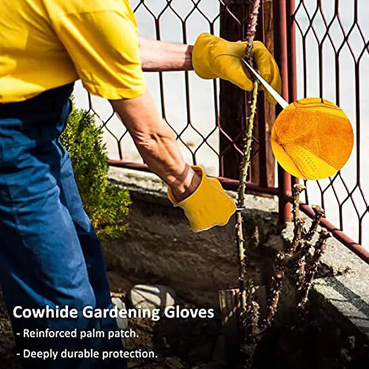 Golden Yellow Cowhide Work Gloves Full Finger Gardening DIY Home Maintenance Use - L