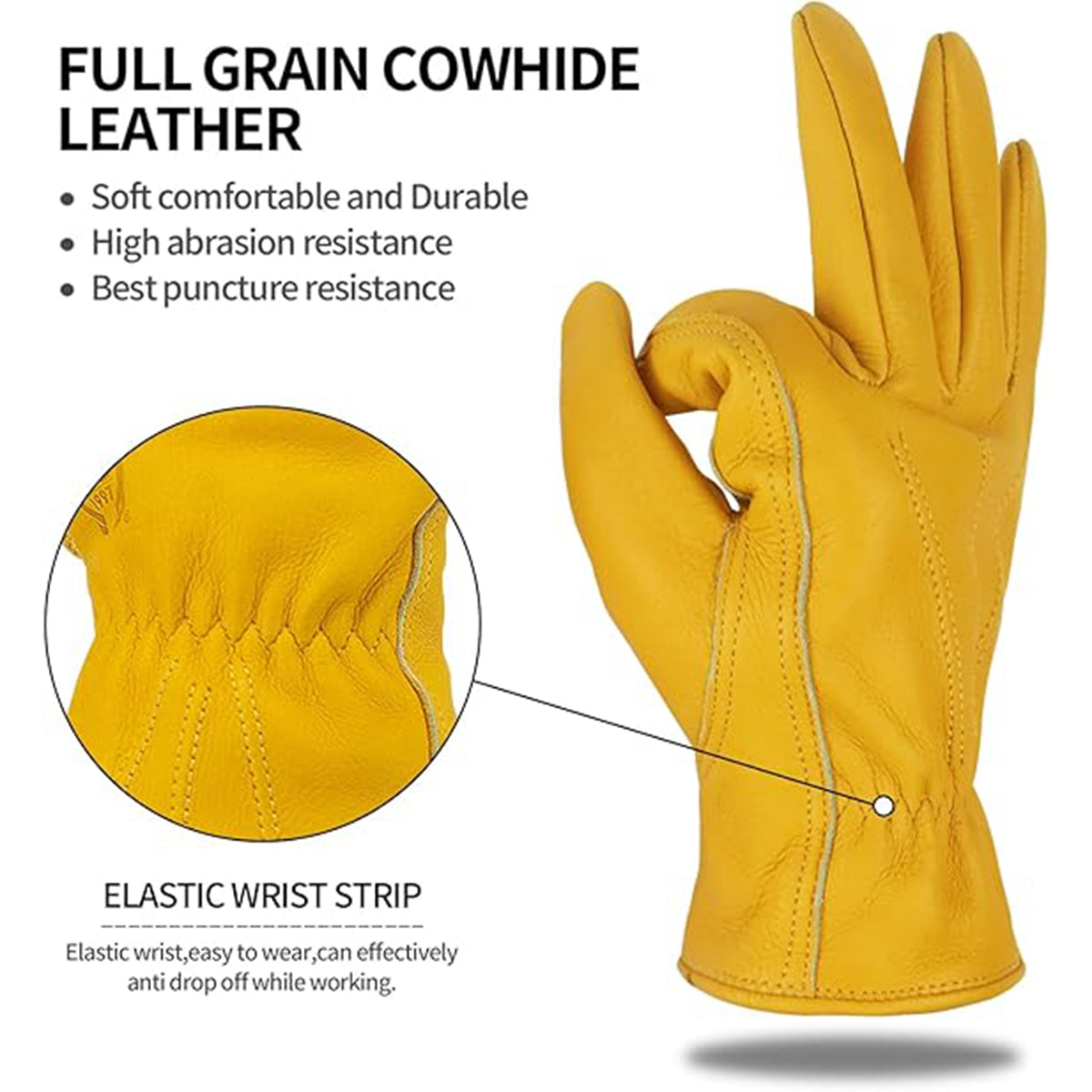 Golden Yellow Cowhide Work Gloves Full Finger Gardening DIY Home Maintenance Use - M