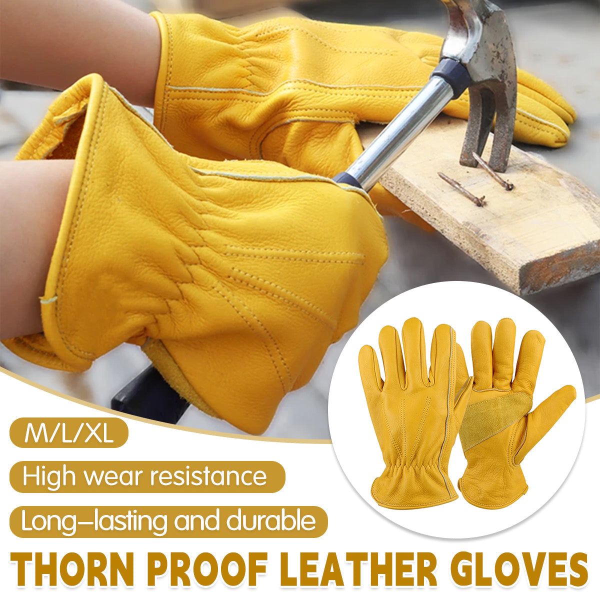 Golden Yellow Cowhide Work Gloves Full Finger Gardening DIY Home Maintenance Use - XL