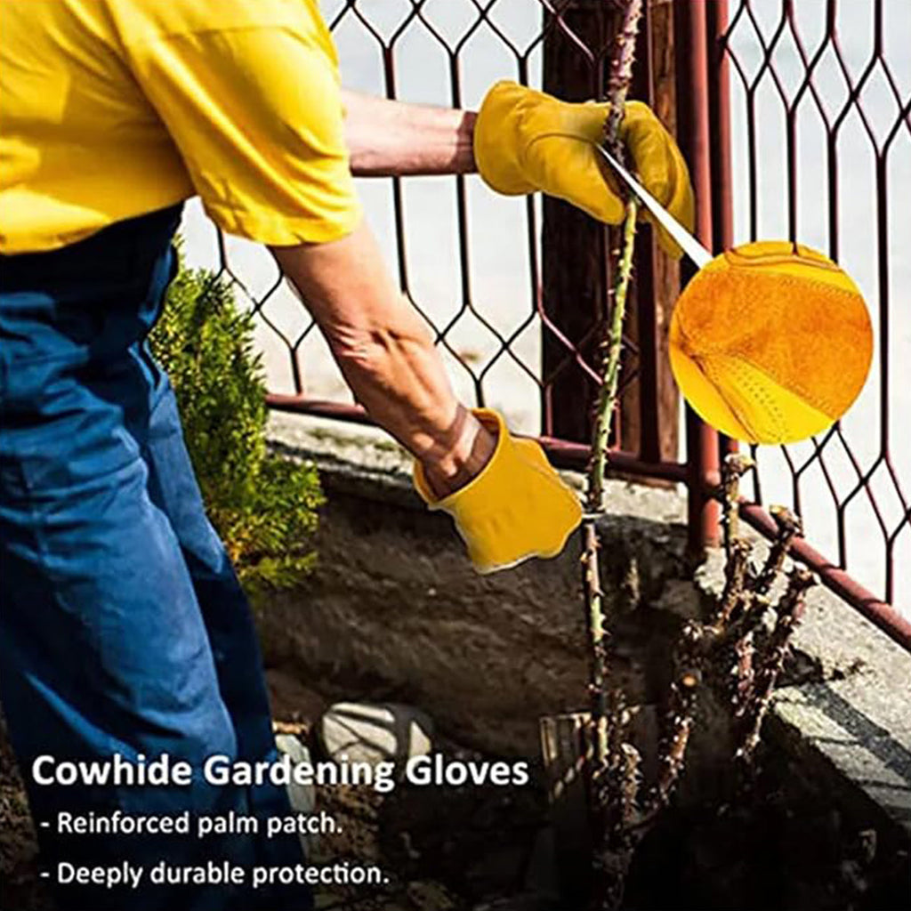 Golden Yellow Cowhide Work Gloves Full Finger Gardening DIY Home Maintenance Use - XL
