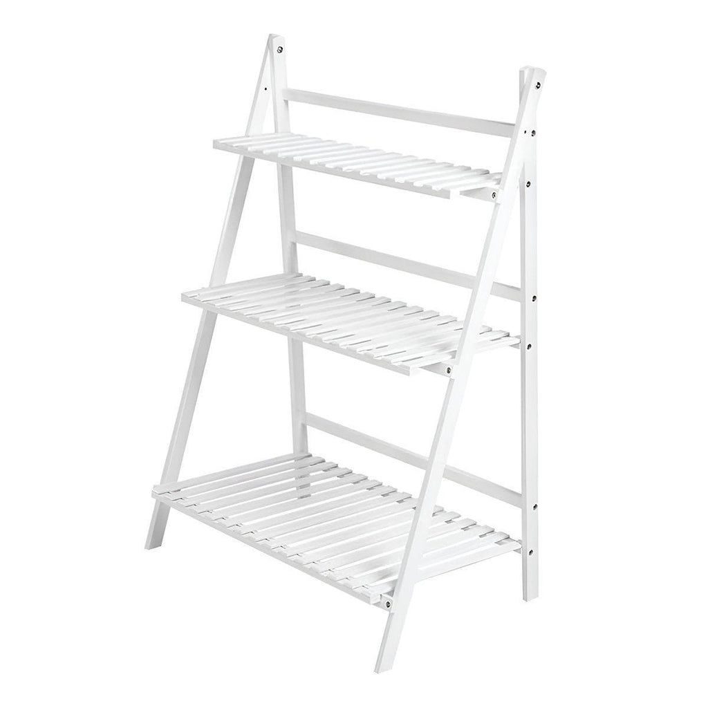 Balcony Plant Stand 3-Layer Wooden Flower Pot Corner Stand White Log Foldable - White