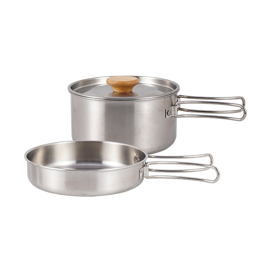 2PCS 304 Stainless Steel Camping Pot and Pan Set With Folding Handles Outdoor