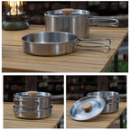 2PCS 304 Stainless Steel Camping Pot and Pan Set With Folding Handles Outdoor