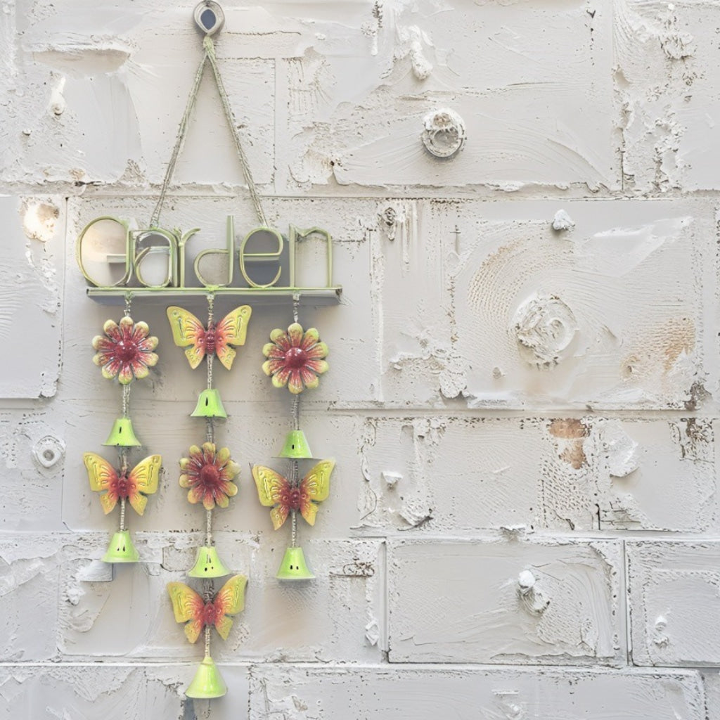 Hanging 'Garden' Sign w Butterflies + Bells 95cm