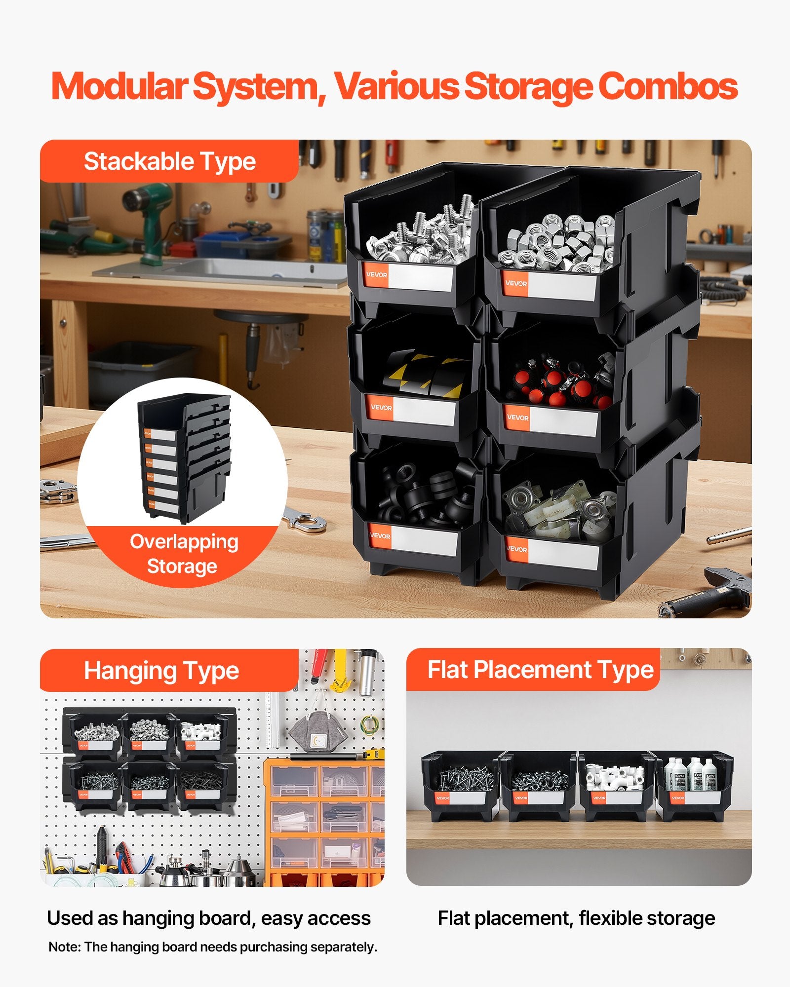 VEVOR Plastic Stackable Storage Bins, 37.7 x 21.5 x 18 cm (12 Pack), Plastic Containers for Organizing & Storage Bins for Garage, Small Parts, Office Supplies, Other Accessories, Black & Transparent